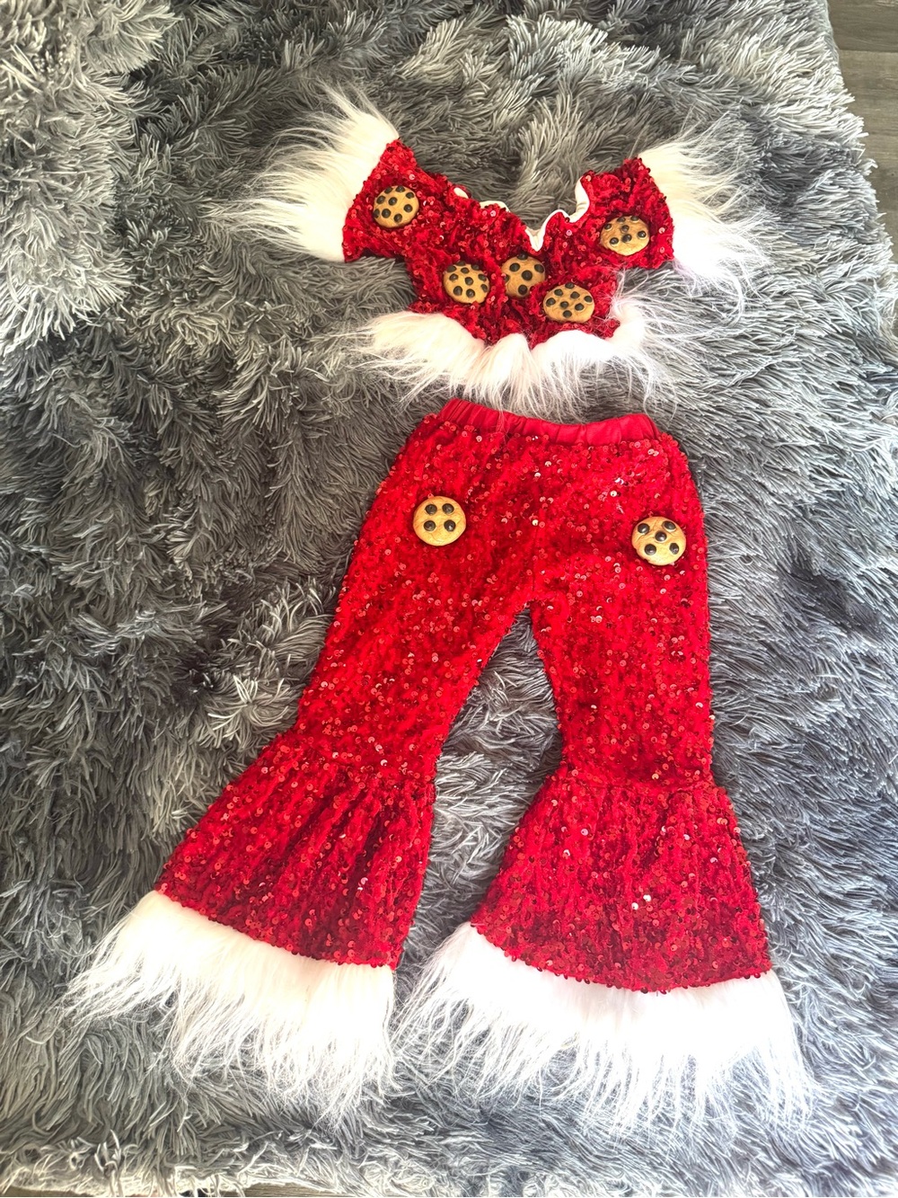Girls 3T Red Sequin Christmas Pageant Outfit Faux Fur Bell Bottoms Custom